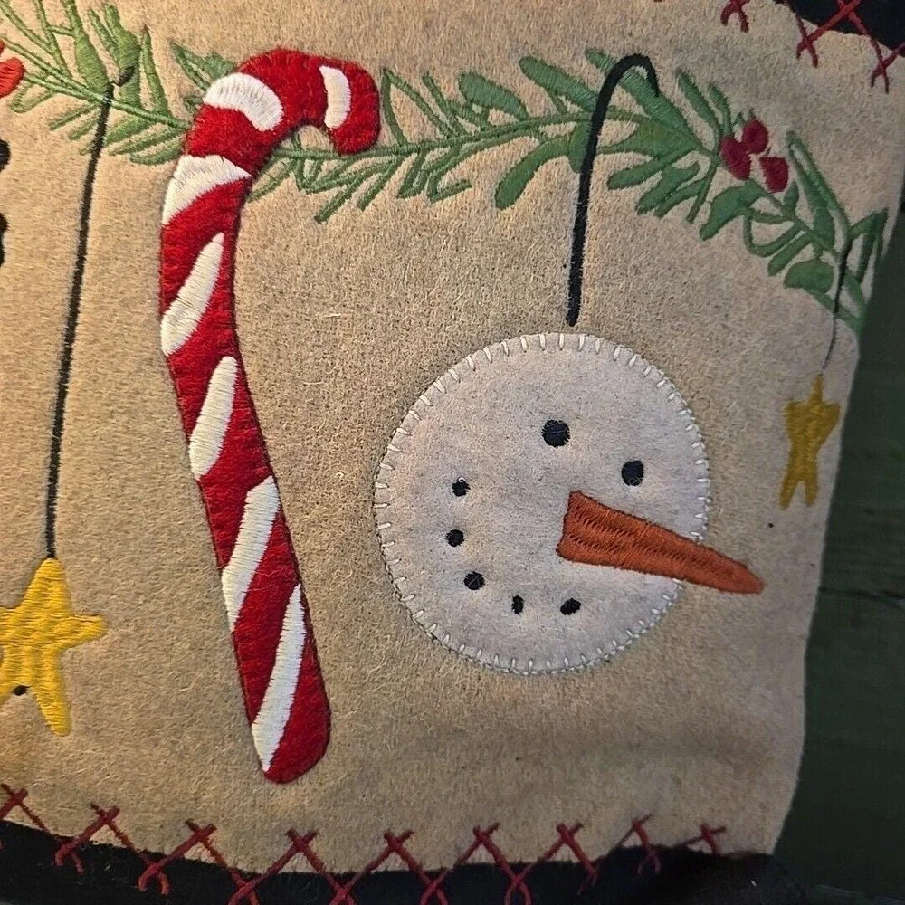 Christmas Snowman Candy Cane Embroidered‎ Applique Holiday Decor Accent Pillow